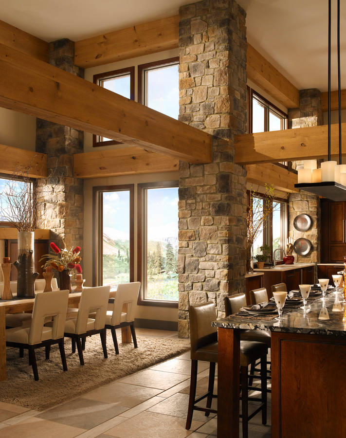 rustic kitchen stone wood eldorado beams roughcut dining kitchens decor pillars rough cut country autumn leaf eldoradostone entryway interior fireplace
