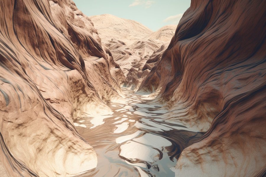 A surreal illustration of a distorted or manipulated natural landscape, such as a canyon or valley, Generative AI